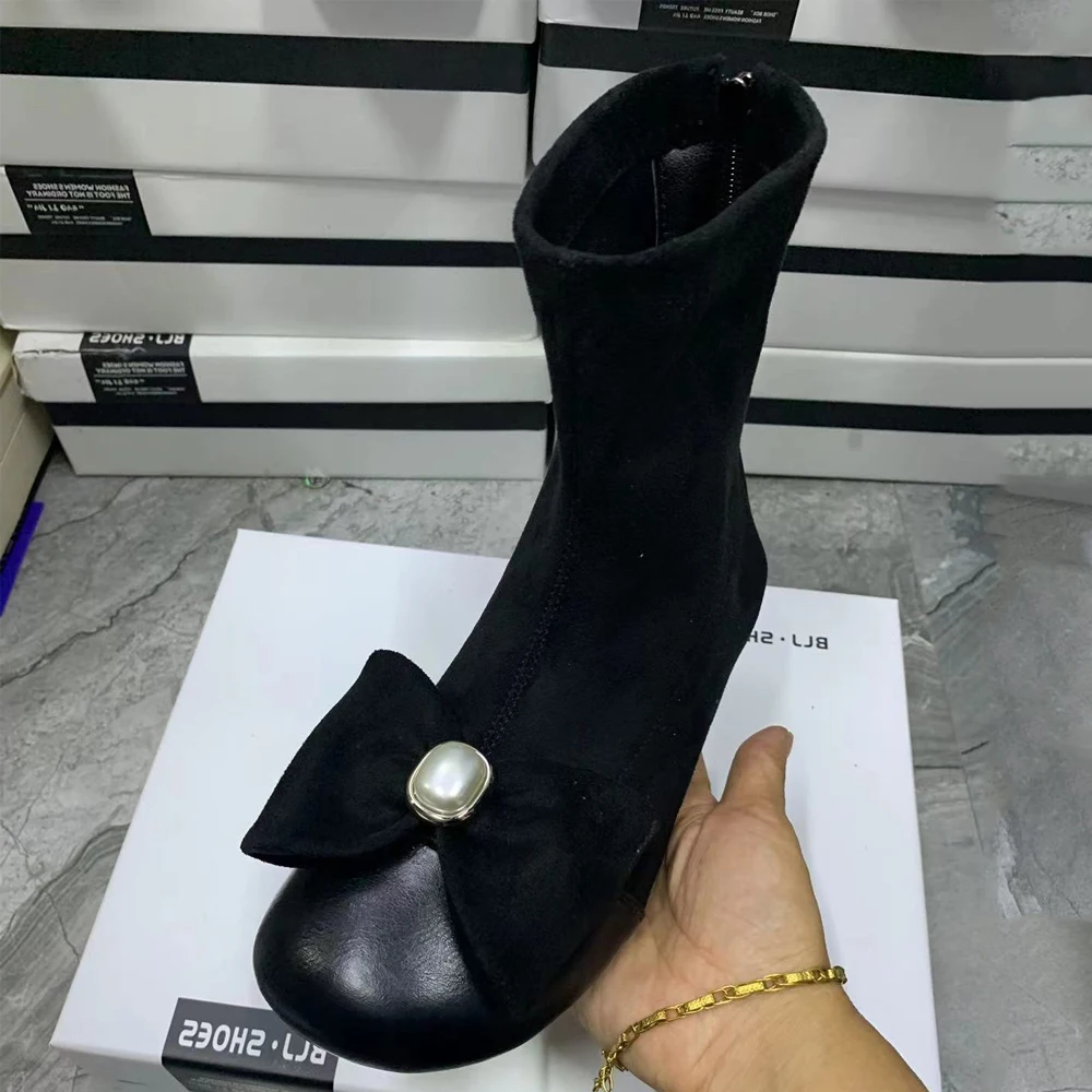 

Fashion Women Boots Plus Size Casual Flat Boots Warm Fur Snow Boots Bow Designer Ankel Boots Antislip Leather Women Shoes