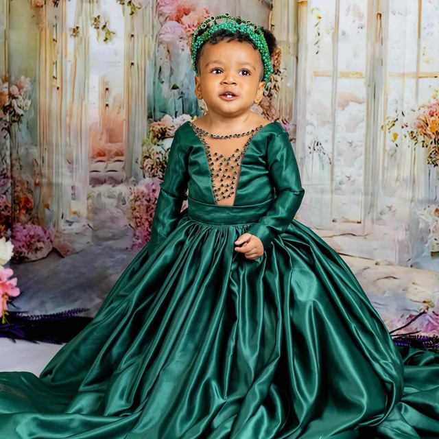 Dark Green Beaded Flower Girls Dresses Princess Kids First Communion Long  Sleeve Ball Gowns Toddler Christening Dress - AliExpress