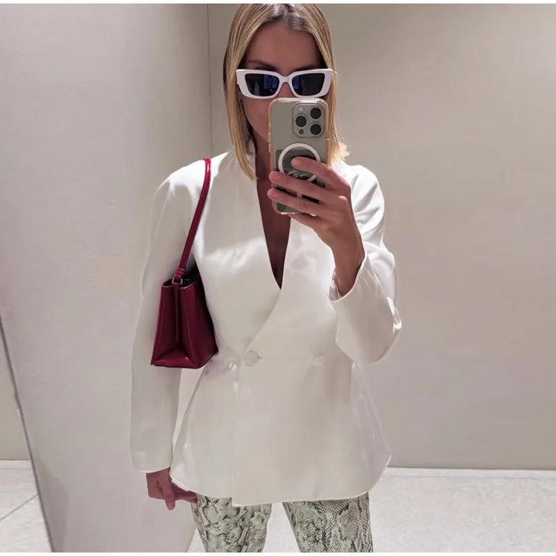 Satin V-Ausschnitt Tailliertes Anzugjackett für Damen Elegante Langarm Doppelreihige Schlichte Schlanke Mäntel Modische Damen Neue Oberbekleidung – Detail 7