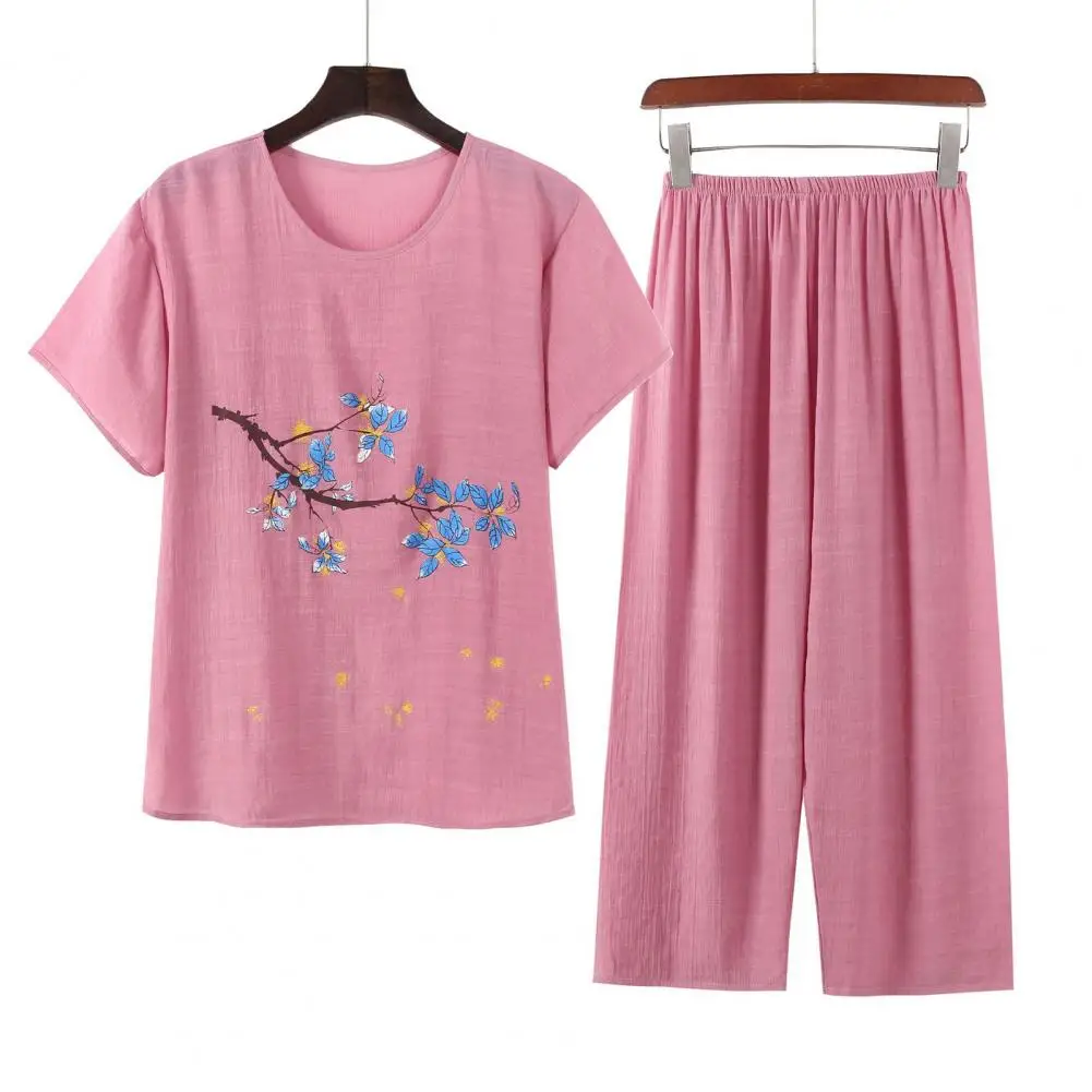 

Women Pajama Set Elastic Waist Pants Set Elegant Mid-aged Women's Flower Print Pajama Set with Wide Leg Pants for Mother