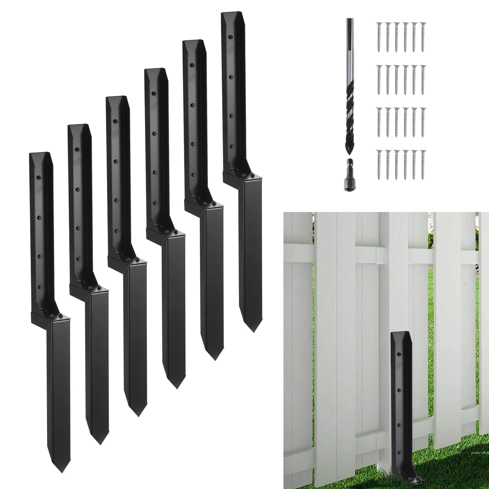 Fence Post Repair Kit 6 Pack Heavy Duty Steel Fence Post Repair Stakes Ground Spike Anchor, 32 Inch Garden Fence Post Support Stabilizer for Fixing Tilted Broken Wooden Fence Posts, Easy Hammer-in Installation Rust-Resistant Black