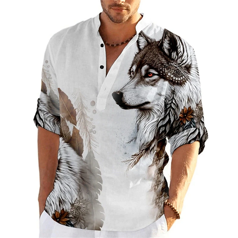 

New Spring/Summer/Autumn Fashion 3D Digital Printed Animal Wolf Pattern Button Shirt for Men's Casual Long Sleeve Collar Shirt T