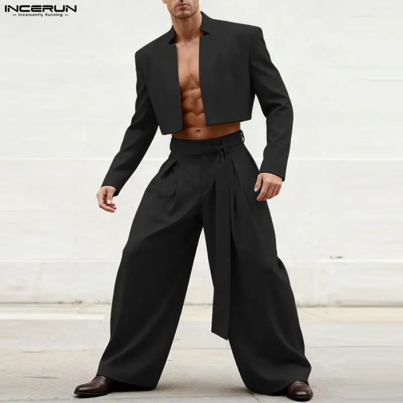 INCERUN Men Sets Solid Long Sleeve Open Stitch Crop Blazer & Pants With Belt 2PCS Streetwear Loose Fashion Men's Casual Suits