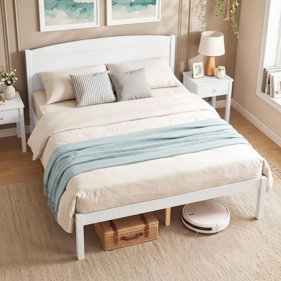 King Size Bed Frame, Wooden Platform Bed with Curved Headboard, Natural Wood Tone, Sturdy Solid Wood Construction