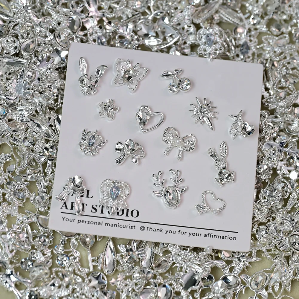 30pcs Valentine's Day Silver Clear Mixed Pendant Nail Jewelry Shining Crystal Gems Nail Art Decoration 3D Alloy Nail Art Decor *
