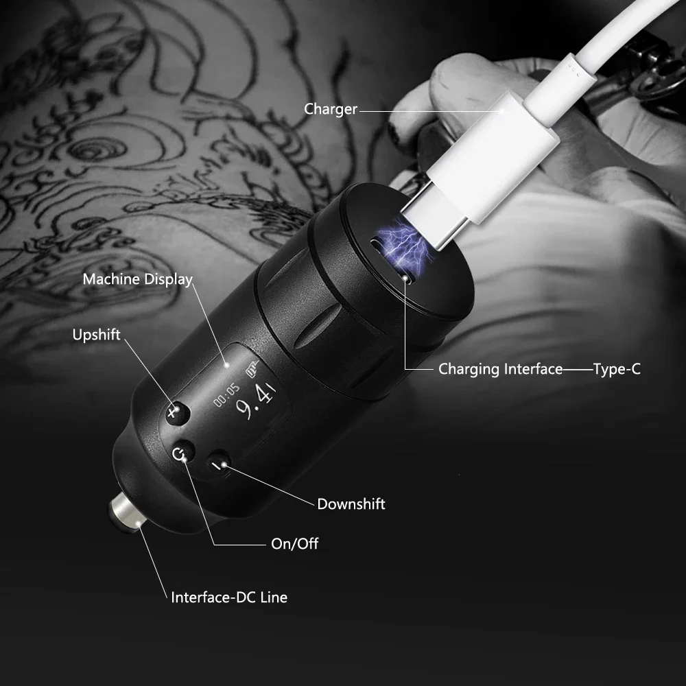 Profession elle rotary tattoo maschine set drahtlose tattoo maschine stift mit 10 stücke patronen nadeln digital anzeige netzteil