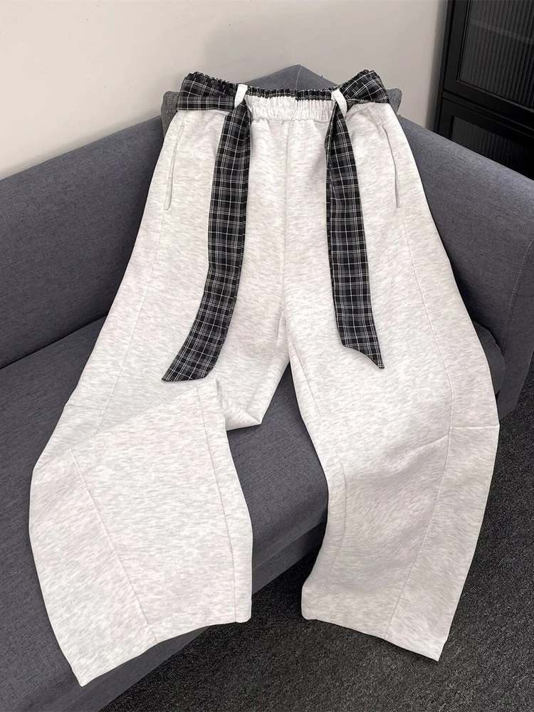 

Мужские свободные брюки цвета хаки с высокой талией, прямые, в городском стиле, зимние повседневные брюки с клетчатым поясом, бело-серые