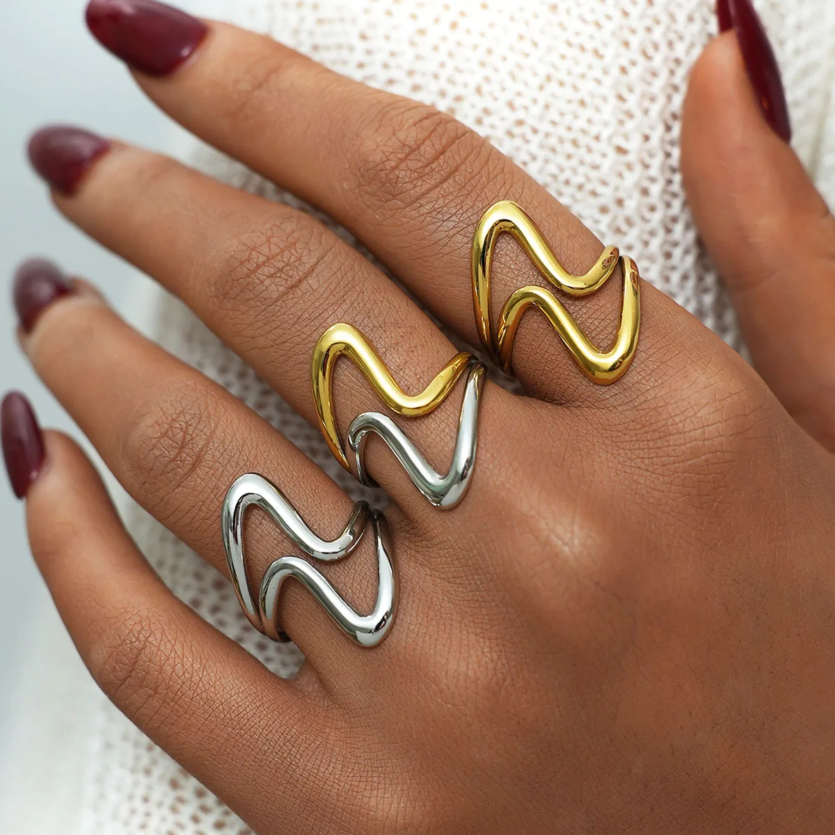 

Stainless Steel Irregular Wave Rings for Women Men Creative Gold Color Adjustable Opening Ring Female Statement Jewelry Gifts