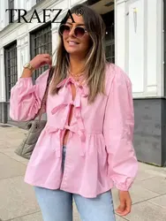 TRAFZA Shirts For Women Elegant Front Bow Tie Pink Blouse Top Puff Sleeve Shirt Spring Summer Women Casual Streetwear Top