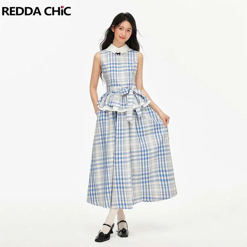 REDDACHiC Cottagecore Plaid Blouse Skirt Women Matching Set Cute High Rise A-line Skirt Sleeveless Lapel Shirt Vintage Clothes