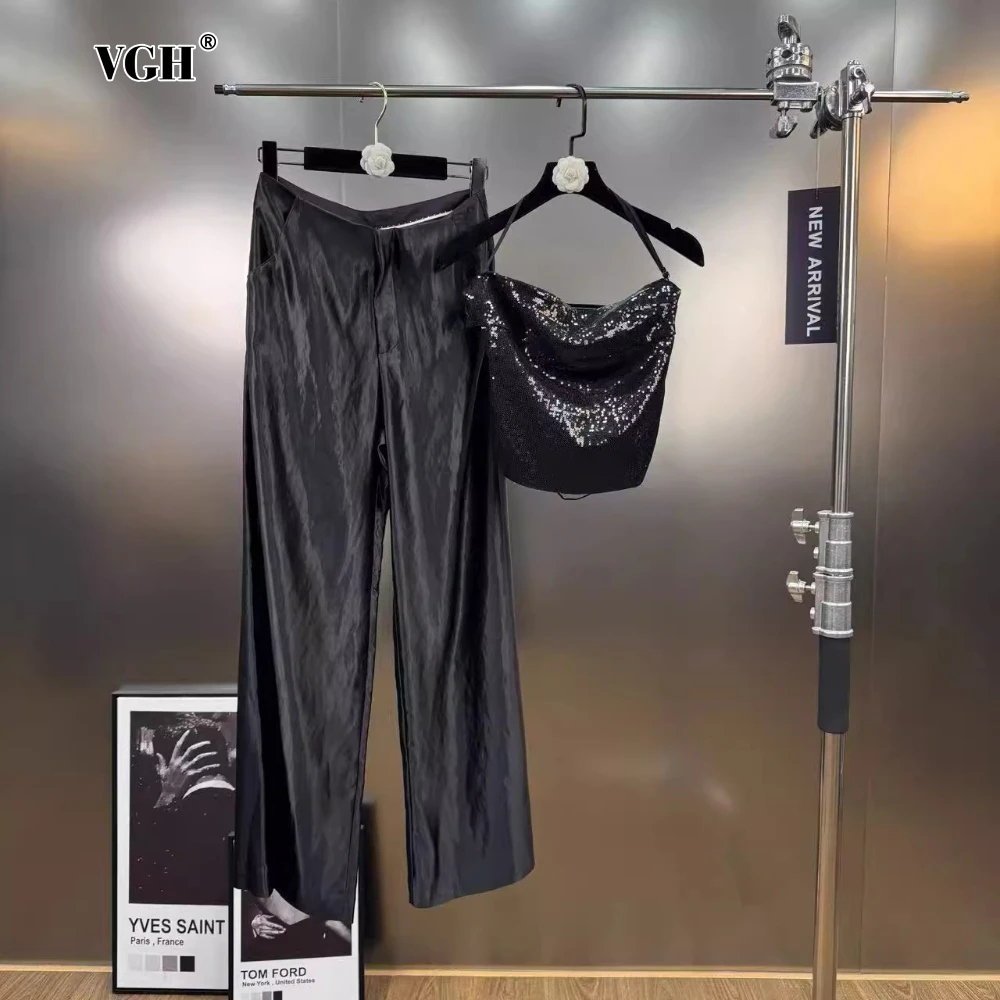 

VGH Temperament Two Piece Set for Women Halter Neck Patchwork Sequin Vest with Straight Leg Trousers Sexy Hot Girl Suit Female