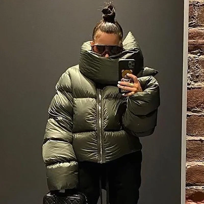 Winter Women Big Laple Puffer Jackets Loose Thick Bubble Coats Outerwear Warm Button Scarf Jackets Zipper Parka Down Street Wear