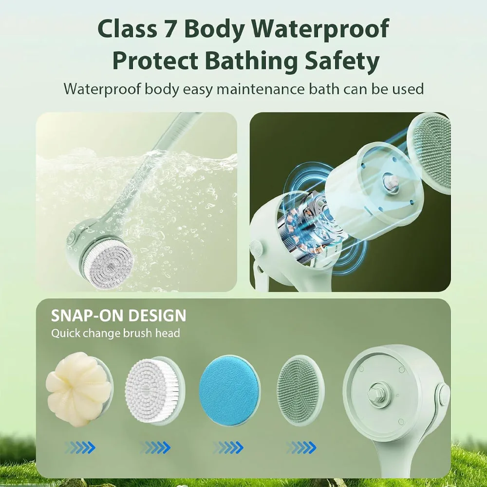 Electric Body Brush with 4 Heads,Back Scrubber for Shower, Waterproof Long Dual Handle Power Body Scrubber, Bath Brush for Clean image 4