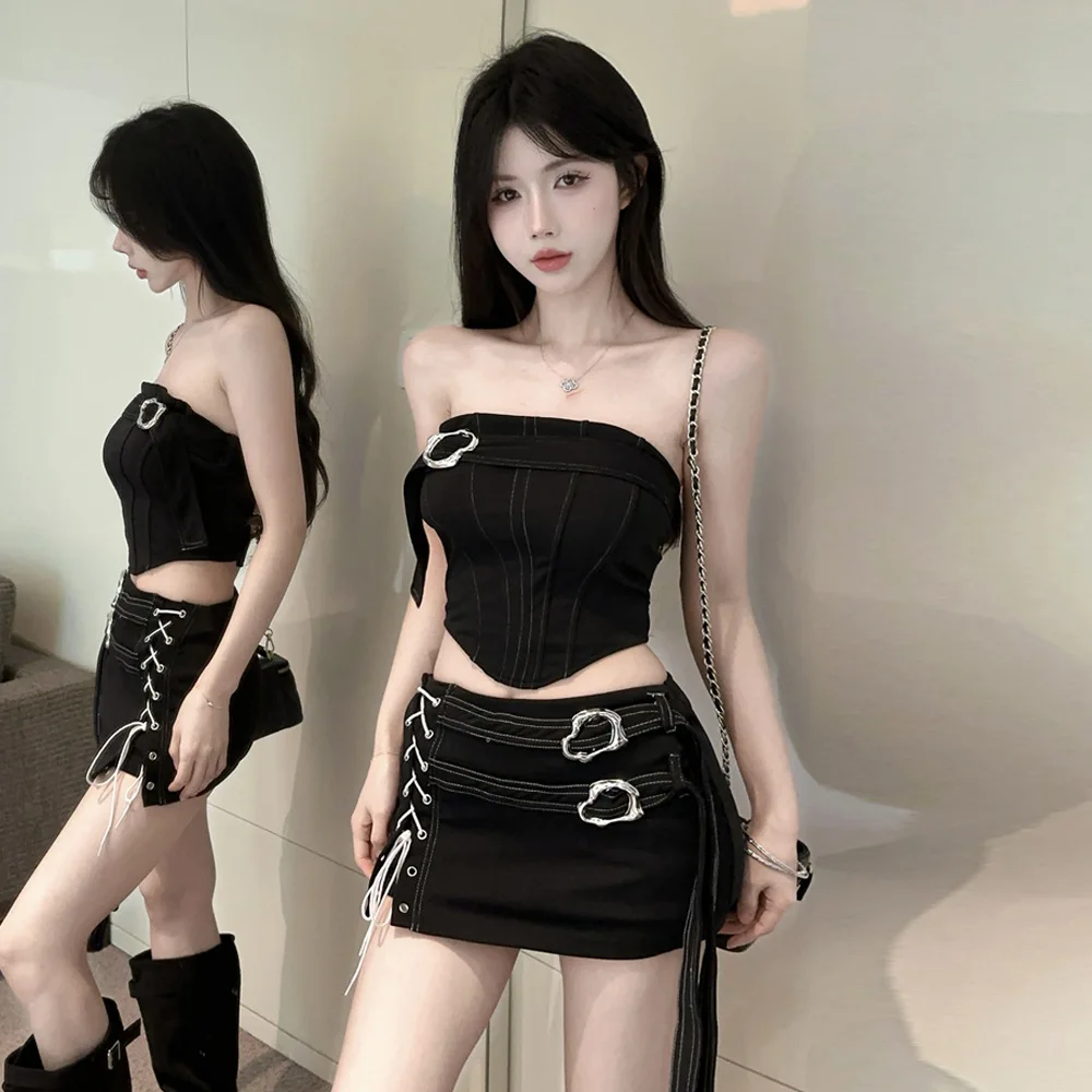 

Модный модный топ с металлическим синим принтом для девочек, открытая S юбка с поясом, комплект женской повседневной спортивной одежды, лето 202, комплект для поездок на работу