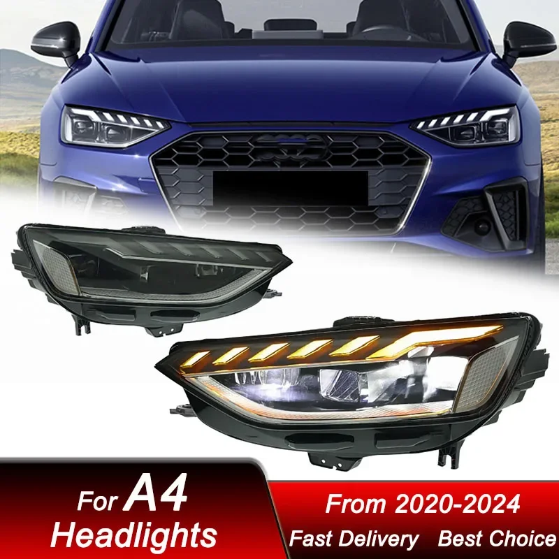 

Поп-автомобильные фары для Audi A4 A4L 2020-2024, новый стиль, полностью светодиодные фары в сборе, обновленный комплект аксессуаров для линз проектора