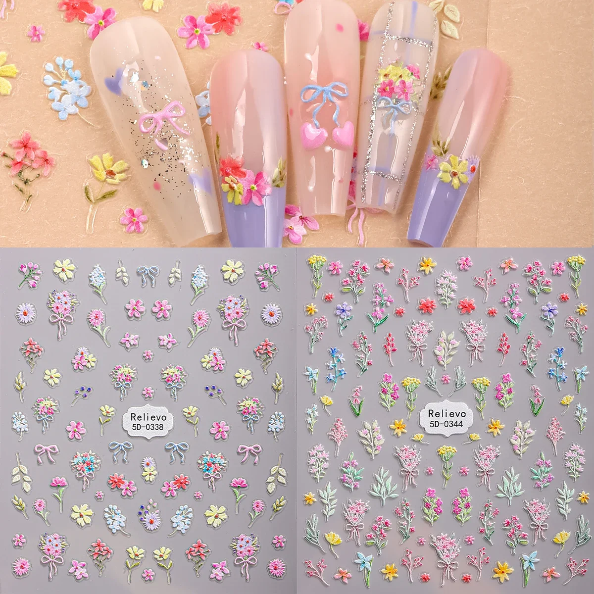 2 pezzi adesivo per nail art 5D fiori squisiti decalcomanie per unghie autoadesive floreali colorate per cursore per unghie decorazione manicure fai da te