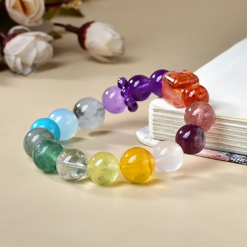 

Natural Amethyst Aquamarine Pink Crystal Red Glue Flower Duobao Bracelet Women's Fashion Light Luxury Bracelet
