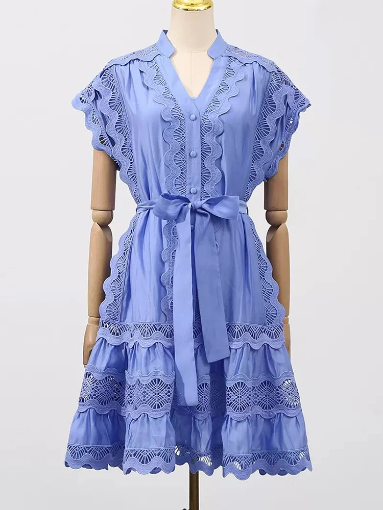 

Temperament fashion short skirt 2025 summer women's new embroidery hollow sleeveless wavy belt waist swing socialite dress