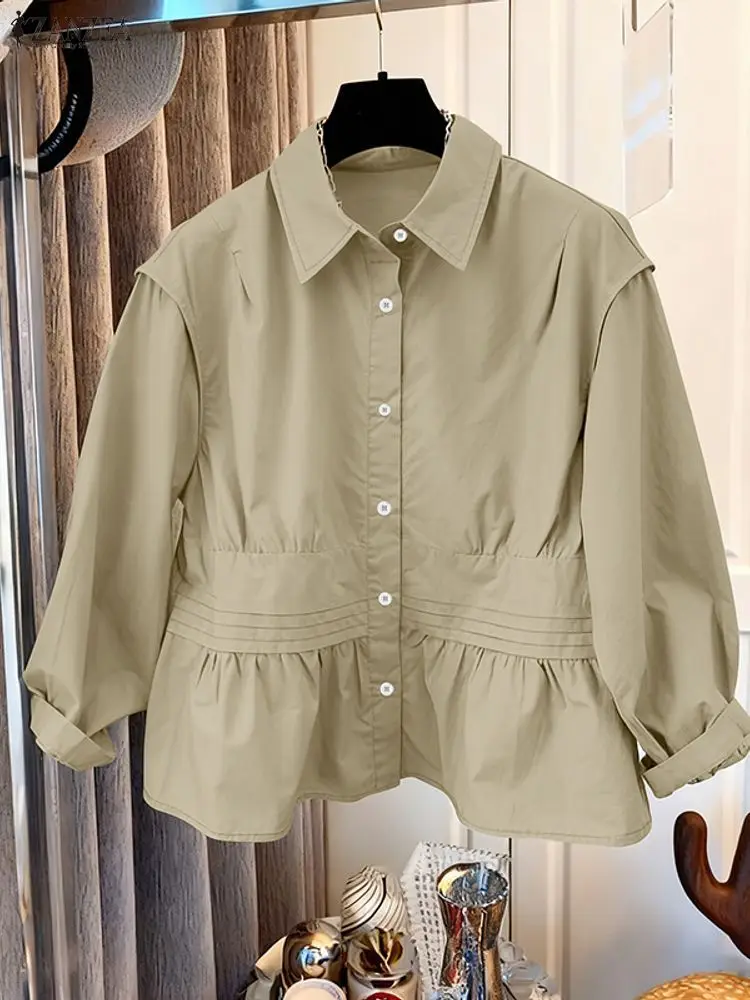 Zanzea moda feminina chique camisas turn-down colarinho manga longa botão up pintuck cor sólida topos outono 2025 roupas femininas S-3XL
