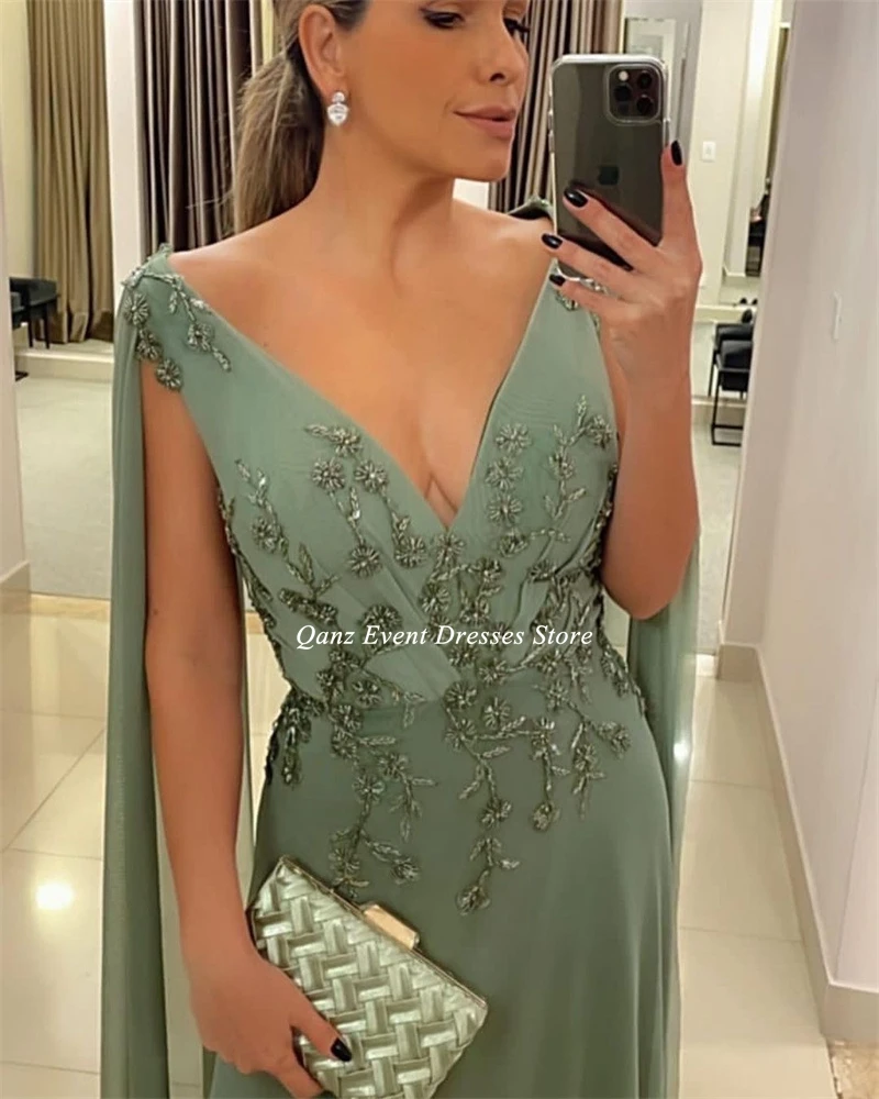 Qanz Arabic Green Dubai Evening Dresses Cape Sleeves Elegant Women Wedding Party Dresses Sukienki Na Studniówkę Customized