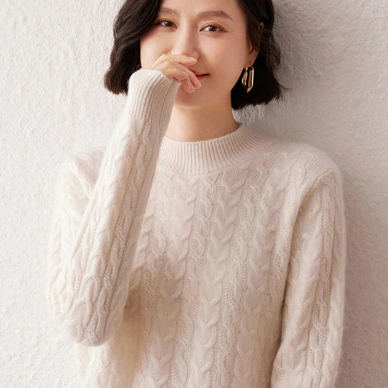 100% سترة الكشمير المعنقة نصف الياقة المدورة المرأة البلوز سترة الخريف الشتاء جديد الثقيلة الحرفية كابل متماسكة سترة طويلة الأكمام #6