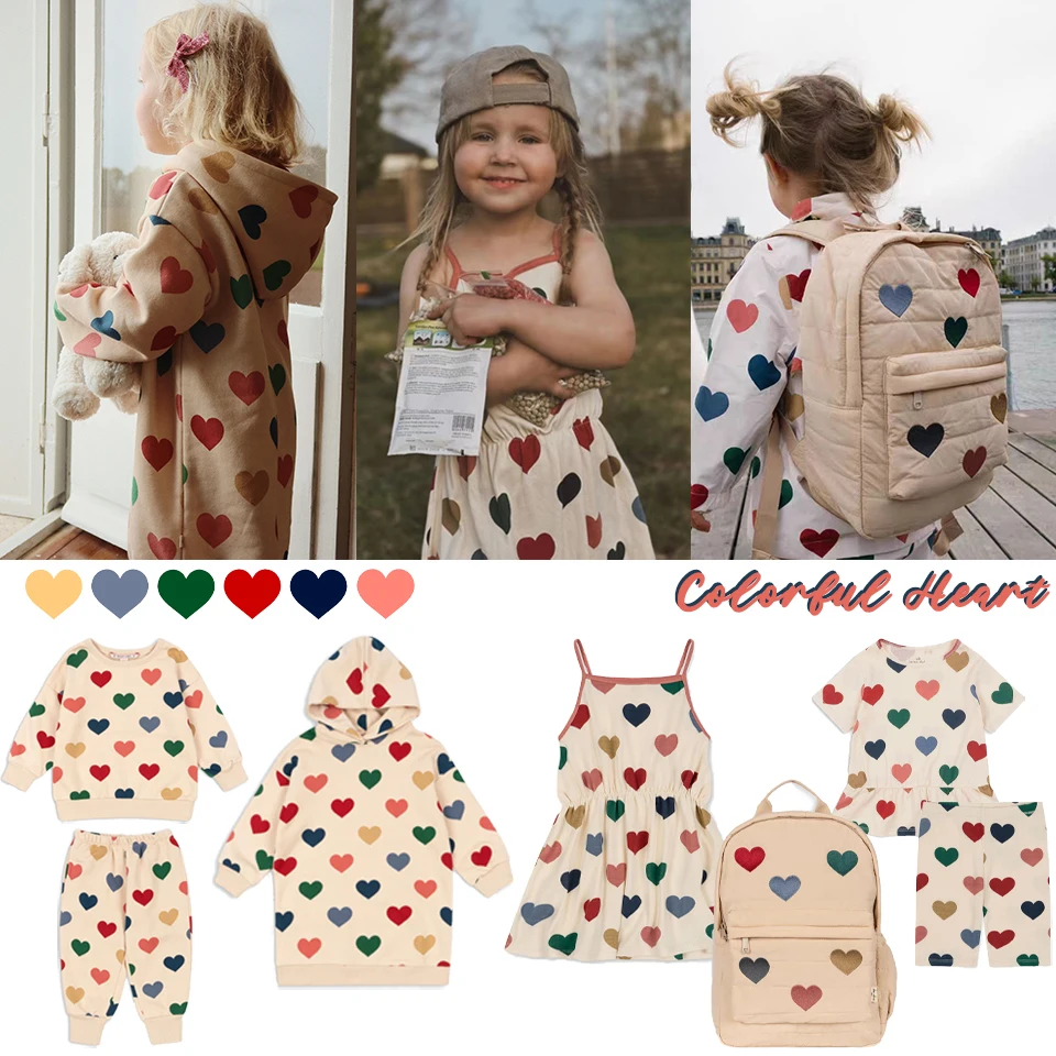 New Children Clothes Set 2025 KS Girls Heart Print Sling Dress Boys Soft Sweatshirt Pants Outwear Kid Hoodies Tops Dresses Suit