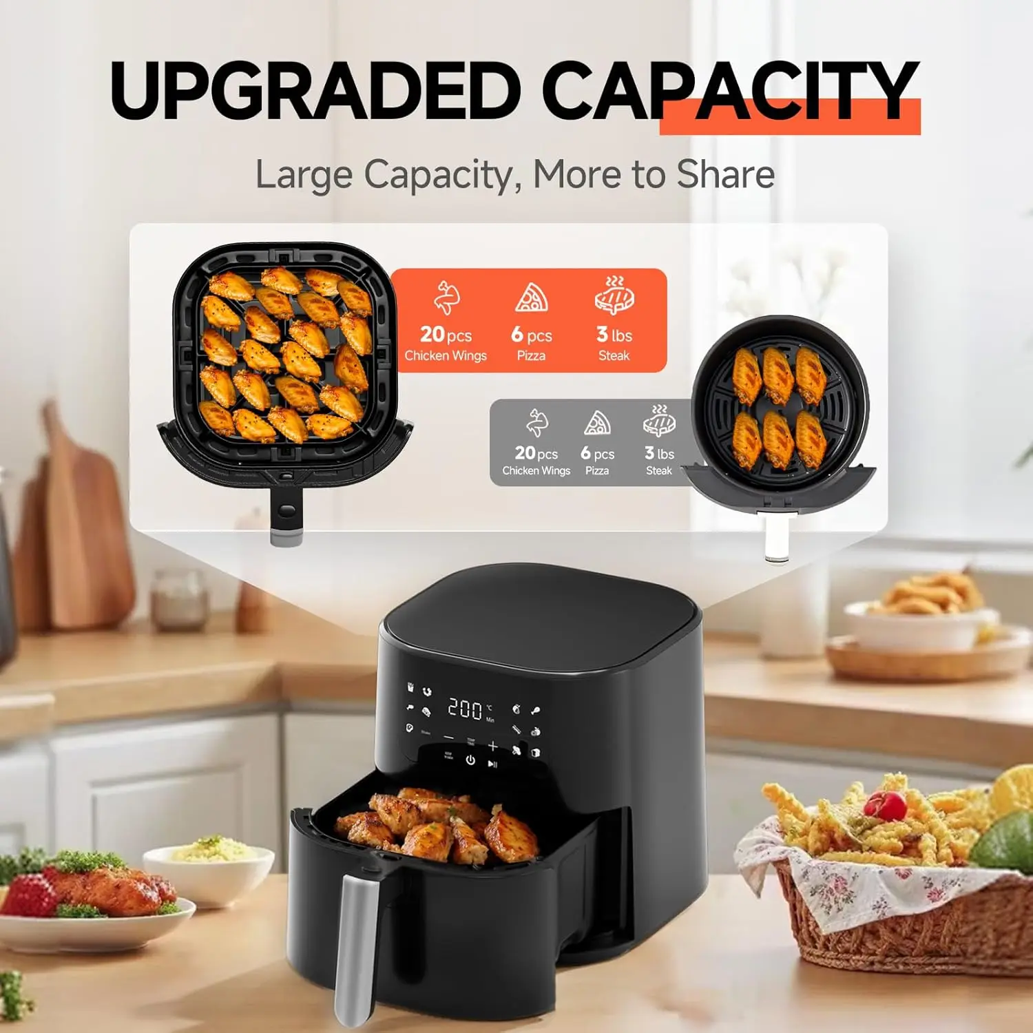 5.5 QT Air Fryer with 8-in-1 Functions, Max Temp 400°F, One-Touch Presets, Free Recipe App, Shake Reminder, Dishwasher-Safe Nons