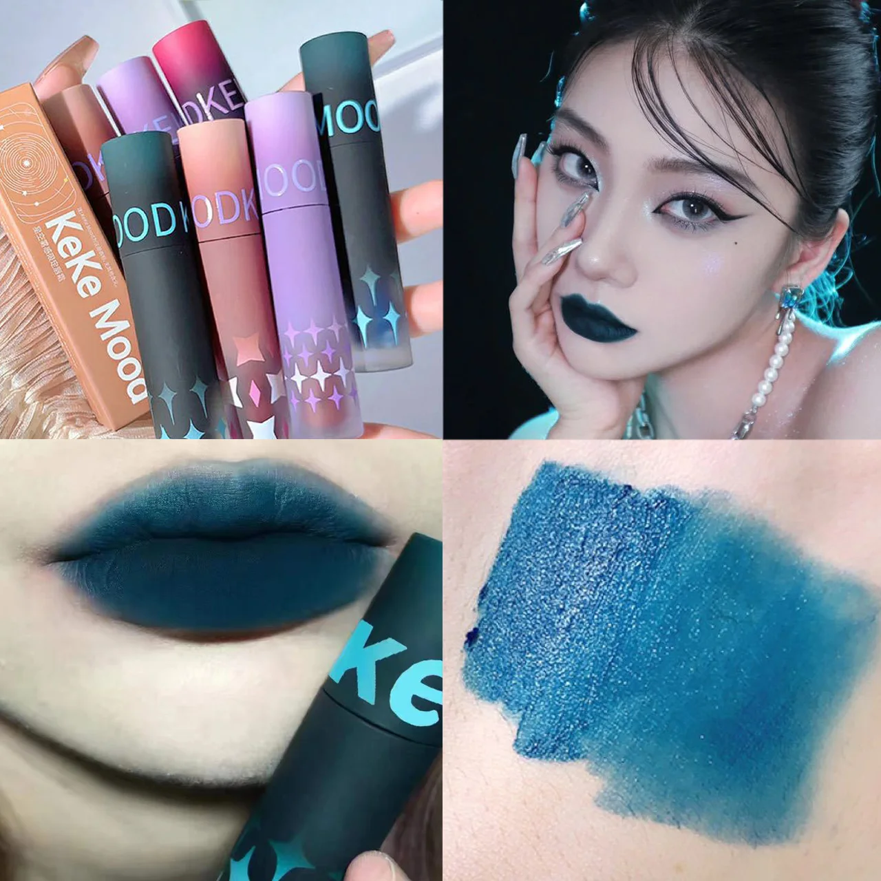 Lápiz labial mate gótico azul resistente