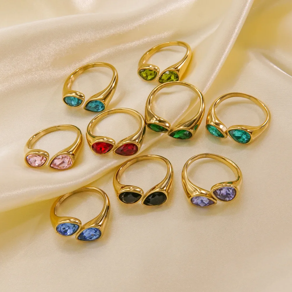 New Light Luxury Stainless Steel Colorful Diamond Inlaid Open Ring Waterproof Wedding Jewelry Gifts