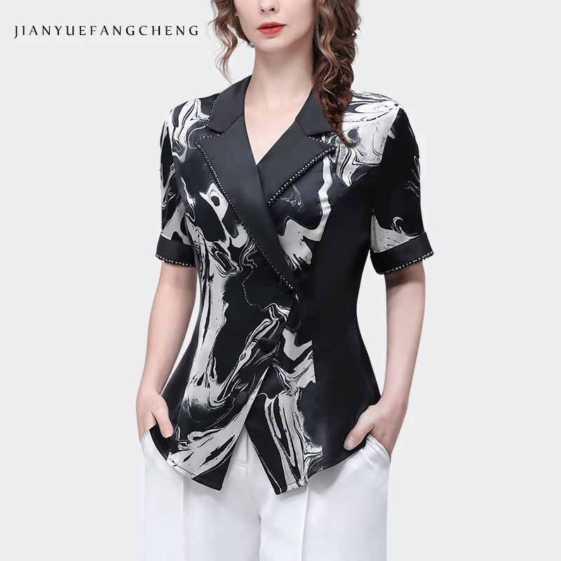 Fashion Women Summer Short Sleeve Printed Shirt Elegant Slim Suit Collar Beaded Satin Tops Female Casual Working Blouses