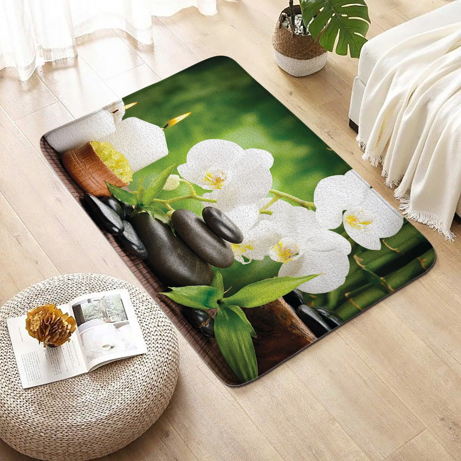 Zen Bath Mat Black Stone Water Orchids Flower Leaves Spa Bathroom Decoration Anti-slip Entrance Mat Floor Rug Carpet Home Decor