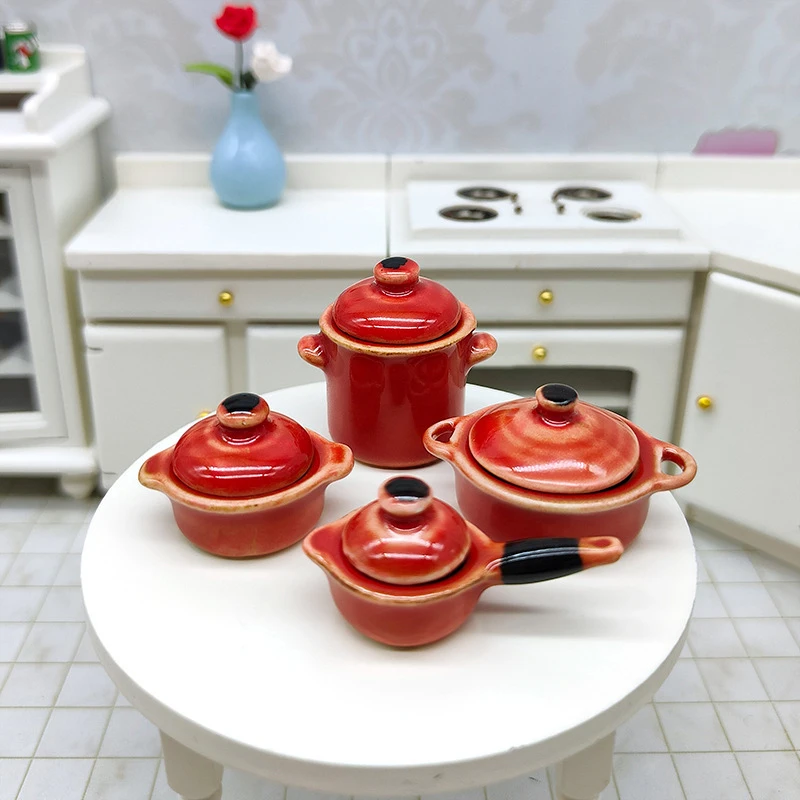 4Pcs 1:12 Dollhouse Miniature Ceramic Kitchenware Pot Set Tableware Mini Casserole Wok Cooking Utensils Model Kitchen Decor Toy