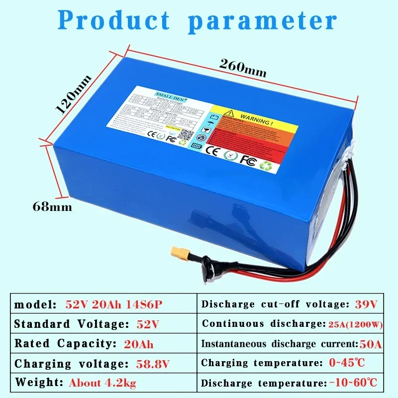 電動自転車用リチウムバッテリーパック,bms,18650, 52v,20ah,14s6p,20000mah容量,e-twsホイール用,モップ,電動工具,58.8v,3a充電器