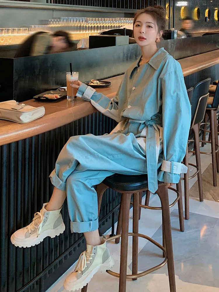 

Blue Workwear Jumpsuit Women's Casual Faion Spring Autumn High Waist Long Pants Suit Korean Sle Commute Wind ket Detail