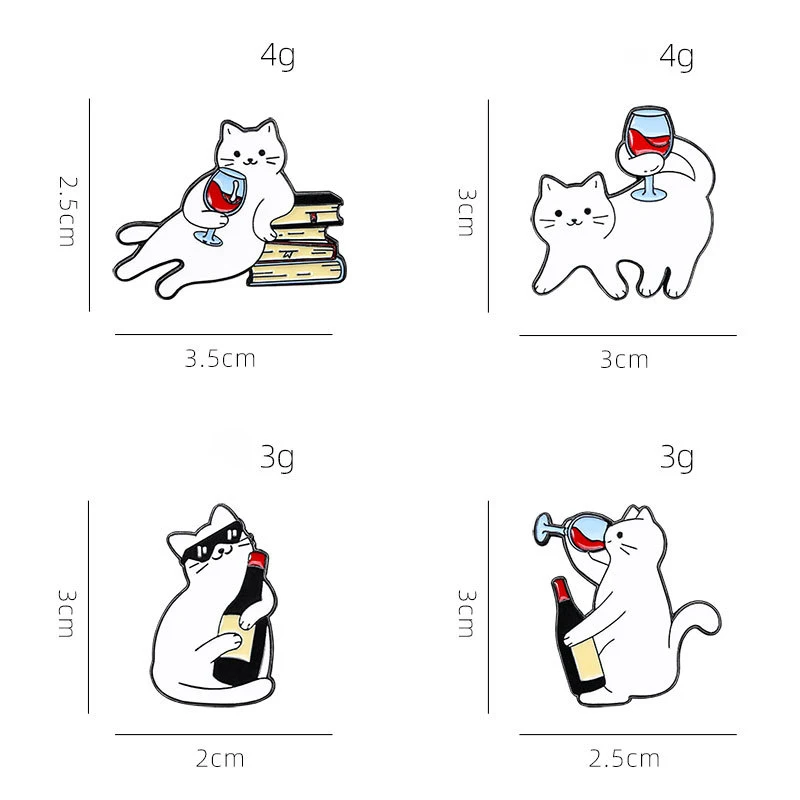 Cartoon white cat brooch, cat red wine, cute backpack, accessories, clothing decorations, zinc alloy badge