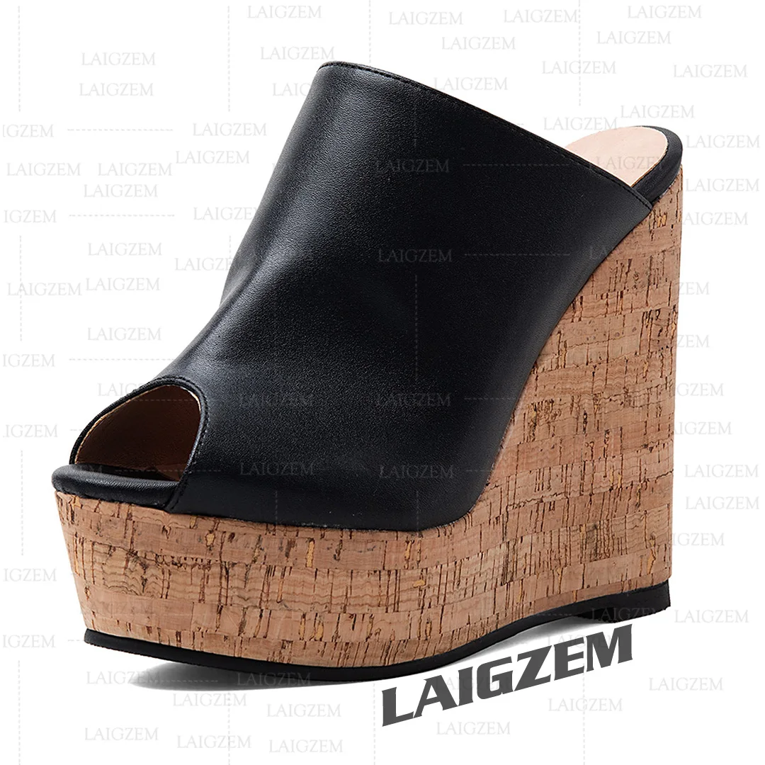 LAIGZEM Women Pumps Platform Wedges Mules Peep Toe High Heels Slip On Ladies Handmade Black Shoes Woman Large Size 39 41 42 52