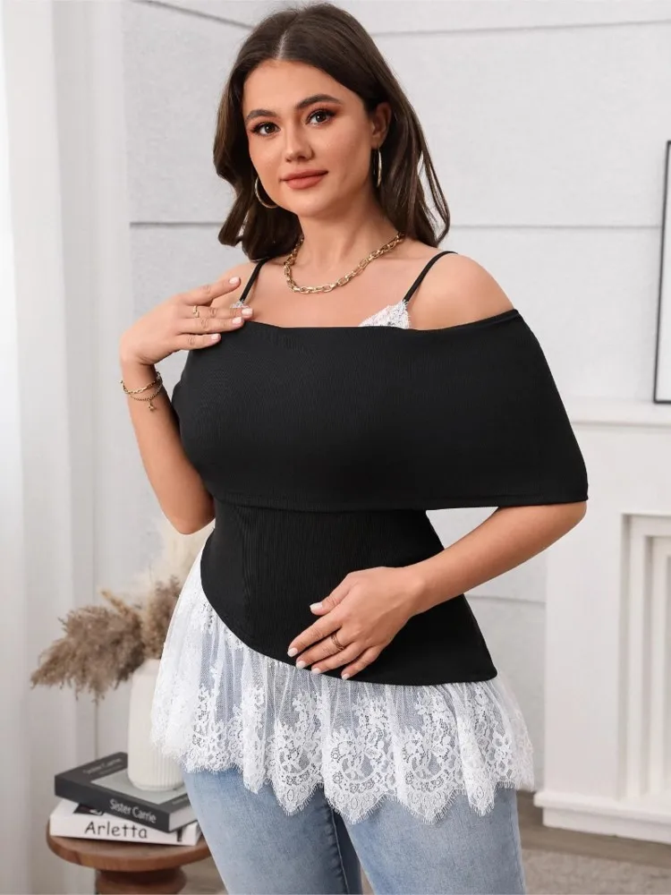 Plus Size Summer Off Shoulder Tops Women Lace Patchwork Fashion Slim Ladies Blouses Backless Woman Slip Tops