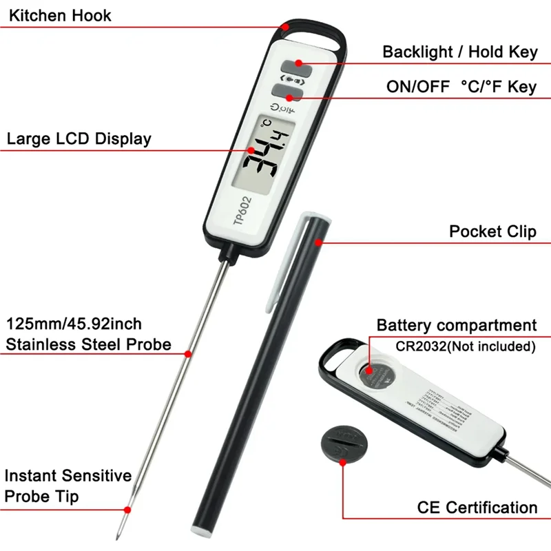 A96I-2X TP602 Meat Thermometer Kitchen Digital Cooking Food Water Milk Probe Electronic BBQ Temperature Detector Tool