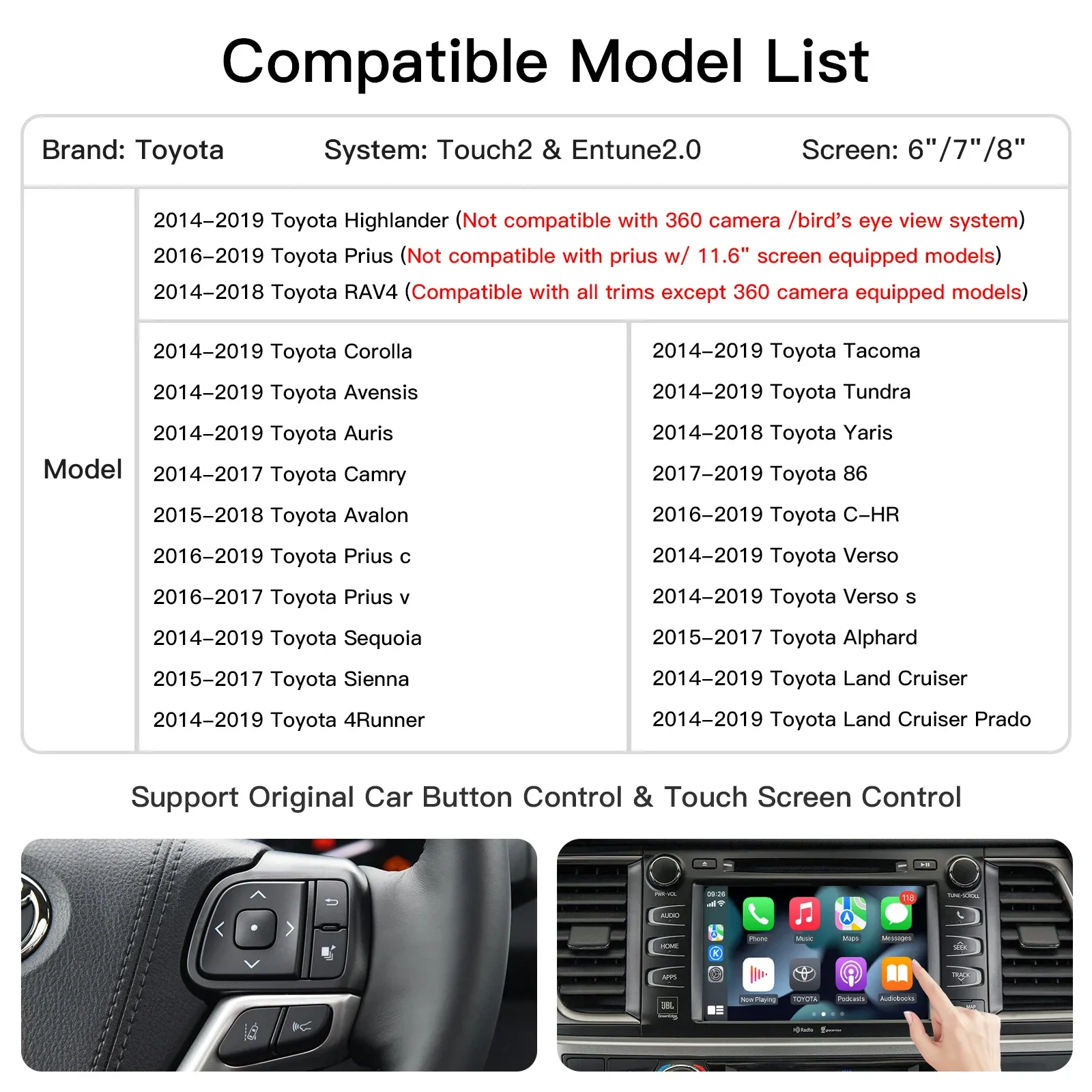 Carplay codec para toyota camry tacoma sienna touch2 entune2.0 sem fio apple carplay android interface automática espelho link