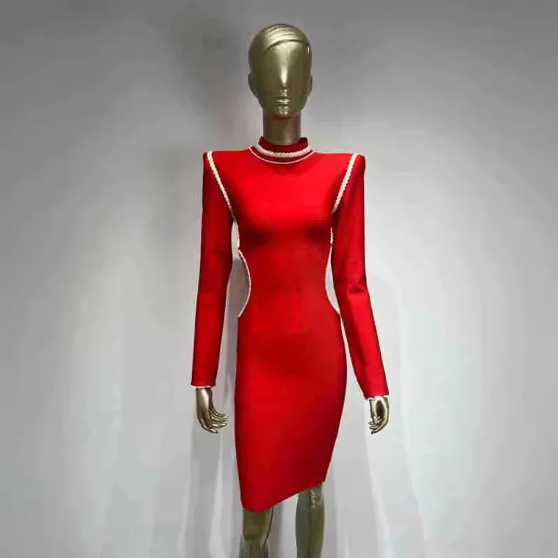 Bandage Long Sleeved Big Red Cut Out White Edge Party Dress