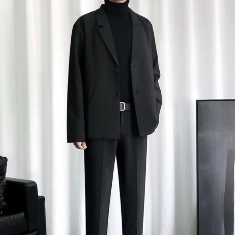 Men's Winter Edgy Korean Trendy Suit Set Slim Fit Fleece Lined Blazer Draped Trousers Casual Outfit​