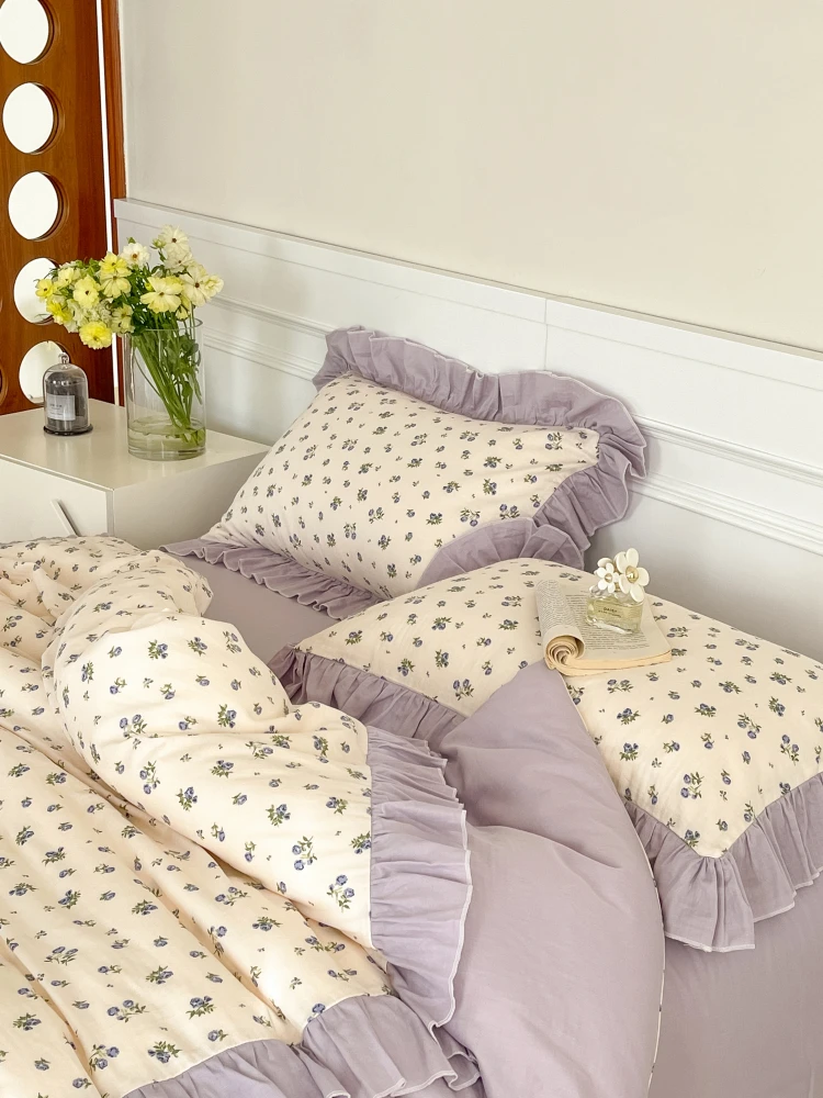 Four-Piece Purple French Double-Layer Yarn Cotton Vintage Tulip Lace Quilt Cover Bed Sheet Plant Flower Printing Breathable 1Pc