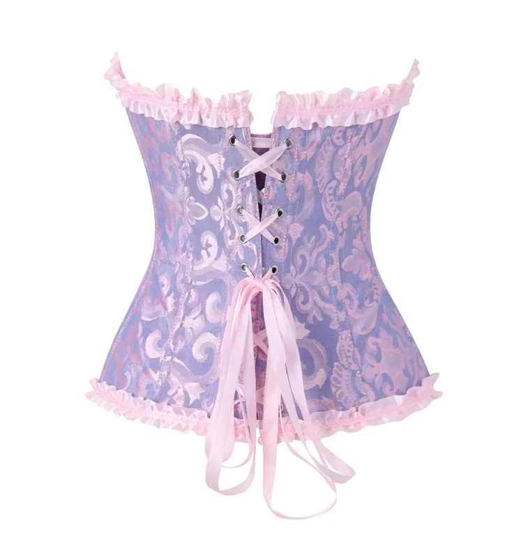 Damen-Overbust-Korsett, Vintage-Jacquard, Rüschen, Schleife vorne, Busk hinten, Schnürung, Taillenformer, Freizeit-, Party- und Alltagskleidung – Detail 27
