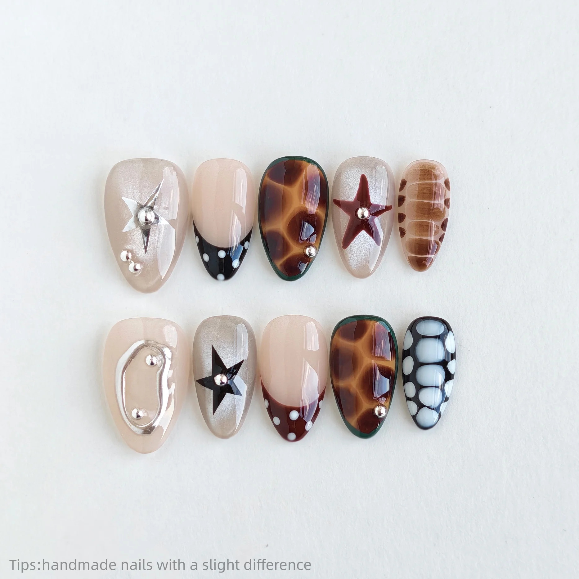 10 Uds. De uñas postizas hechas a mano con diseño de estrella marrón desnudo, prensa francesa en almendra, cubierta completa larga, usable, reutilizable, de moda, 2026