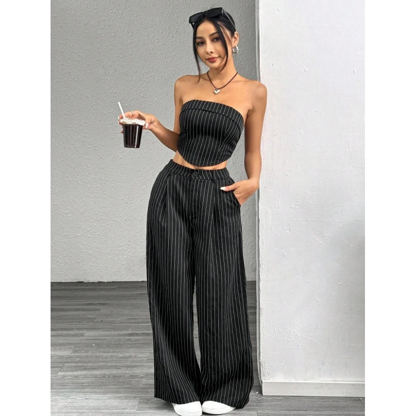 

Slimming Effect Fashionable Striped Women's Set with Shoulderless Top And Loose Suit Pants Low Waist Trousers for Ladies
