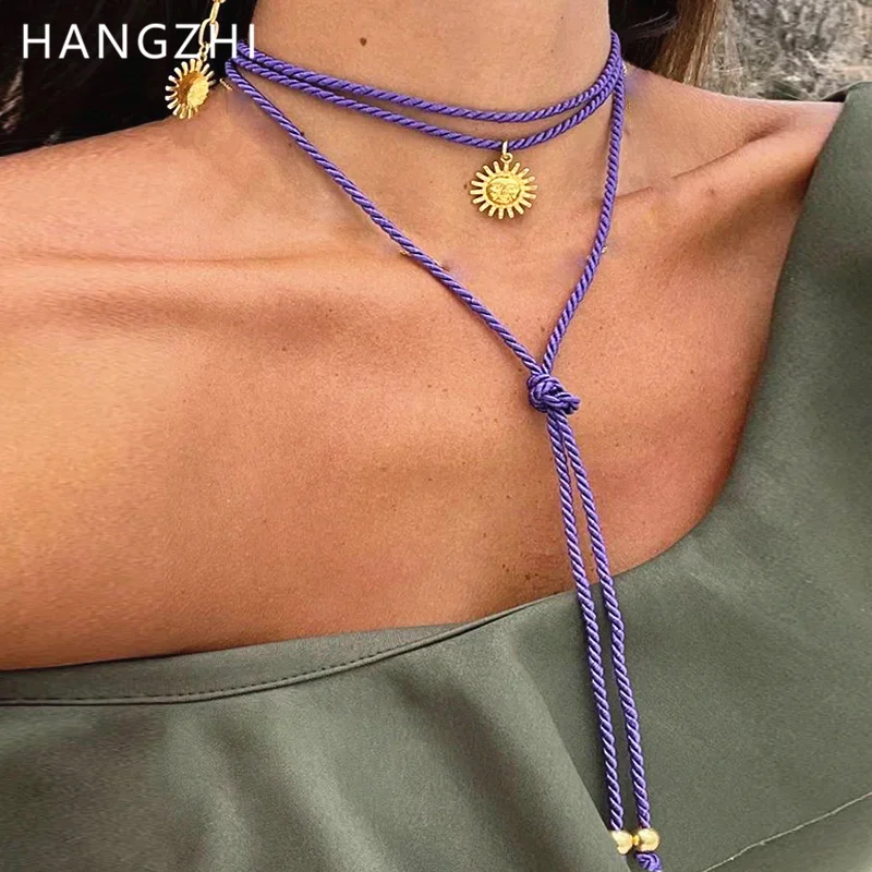 HangZhi Bohemian Sun Pendant Stacking Long Rope Chain Necklace Statement Vacation Y-shaped Neck Vintage Jewelry New for Women