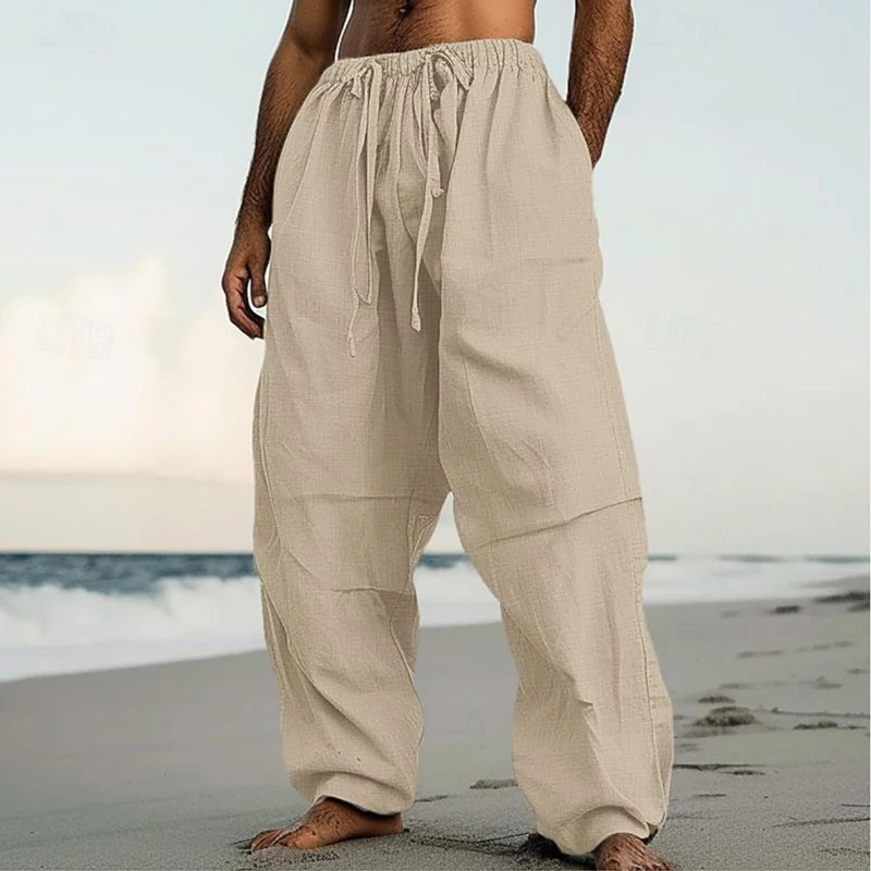 Daily Leisure Loose Pants Mens Summer Beach Seaside Breathable Solid Color Pants Vintage Mens Drawstring Waist Lace-up Trousers