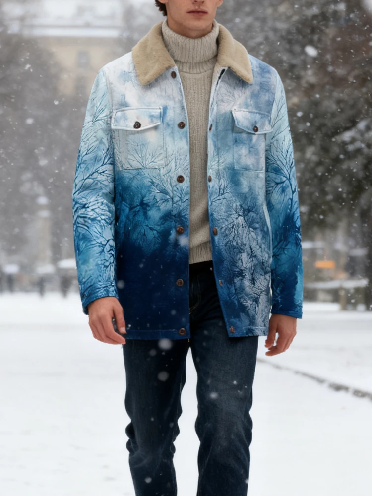 Unisex Abstract Nature Color Print Jacket with Faux Shearling Collar Trendy Blue Gradient Coat with Buttons for Winter Men Women
