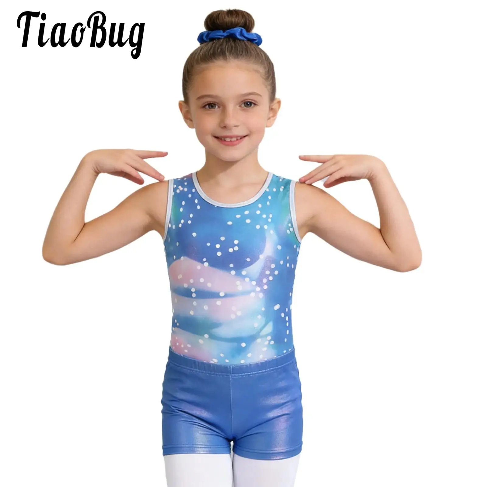 

Kids Girls Metallic Gymnastics Outfit Sleeveless Stylish Printed Leotard with Shorts Hair Band Set for Ballet Dance Practice