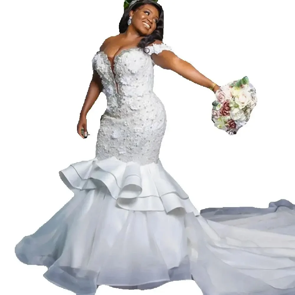 

Customized Crystals Sweetheart Mermaid Wedding Dress For Bride Robe De Mariée Off The Shoulder 3D Appliques Pearls Bridal Gowns